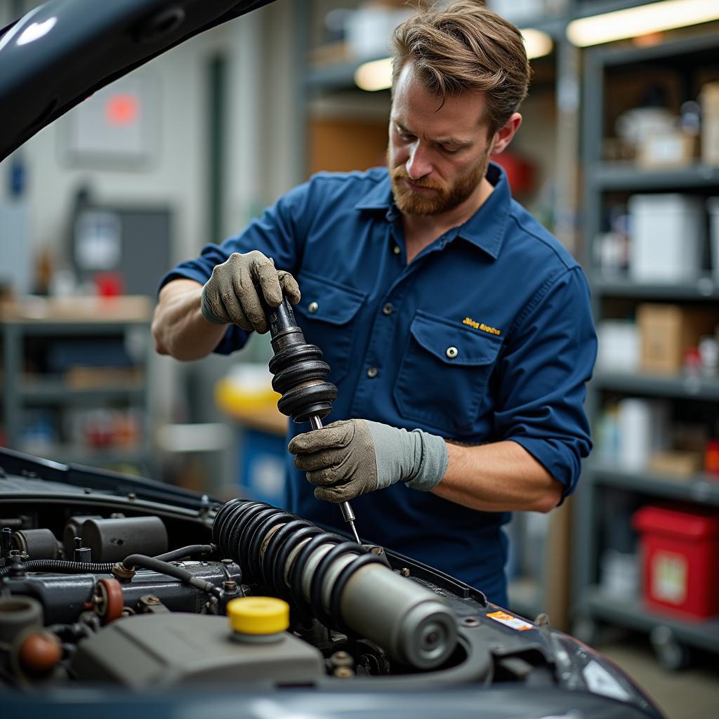 Autowerkstatt entsorgt alte Stoßdämpfer