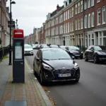 Straßenszene in den Niederlanden mit einem Auto, das falsch geparkt ist und einen Strafzettel erhalten hat