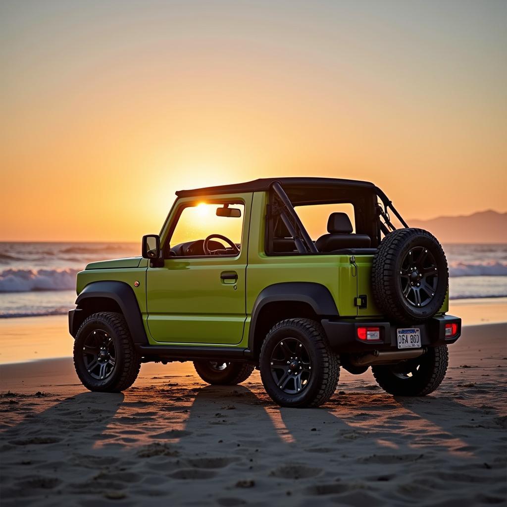 Sonnenuntergang am Strand: Der Suzuki Jimny Cabrio als perfekter Begleiter für spontane Ausflüge.