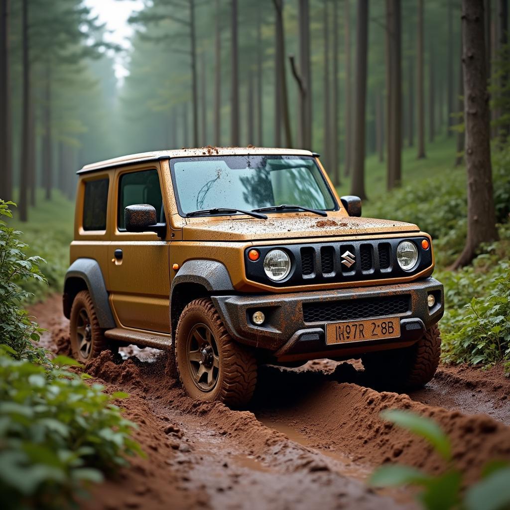 Suzuki Jimny fährt durch unwegsames Gelände