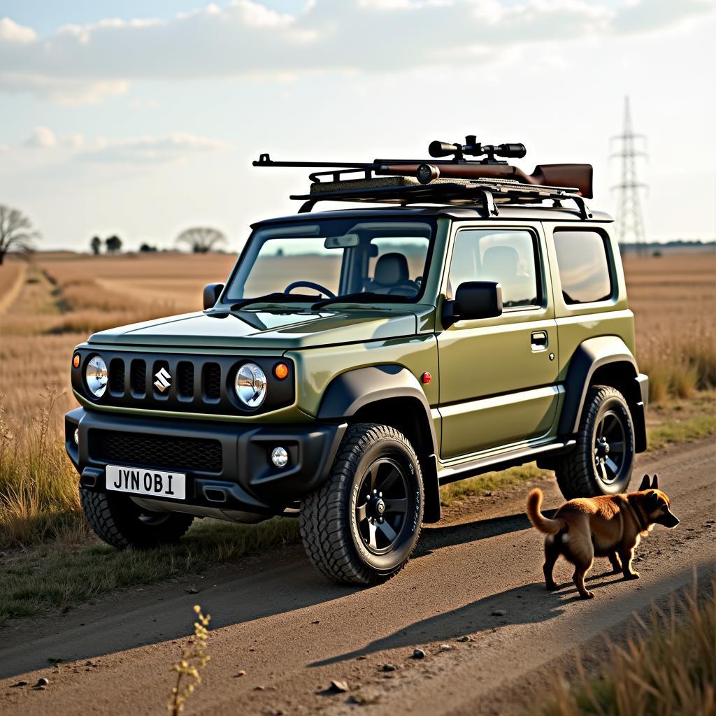 Suzuki Jimny mit Jagdgewehr und Hund auf einem Feldweg