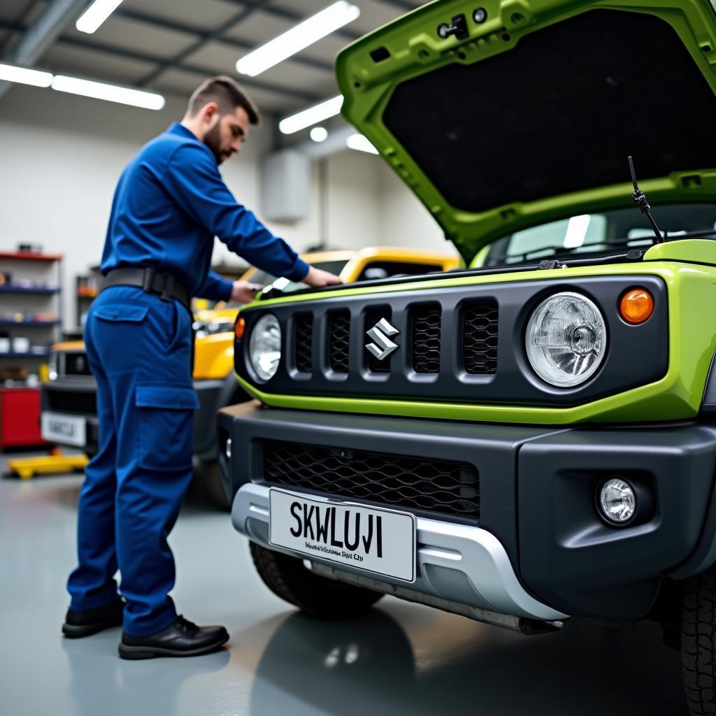 Suzuki Jimny auf einer Hebebühne in einer Werkstatt