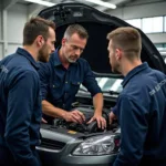 Ein Team von Mechanikern arbeitet zusammen an einem Auto