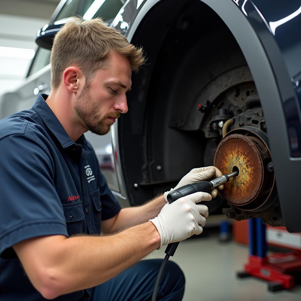 Werkstattmitarbeiter repariert einen Tesla Model Y