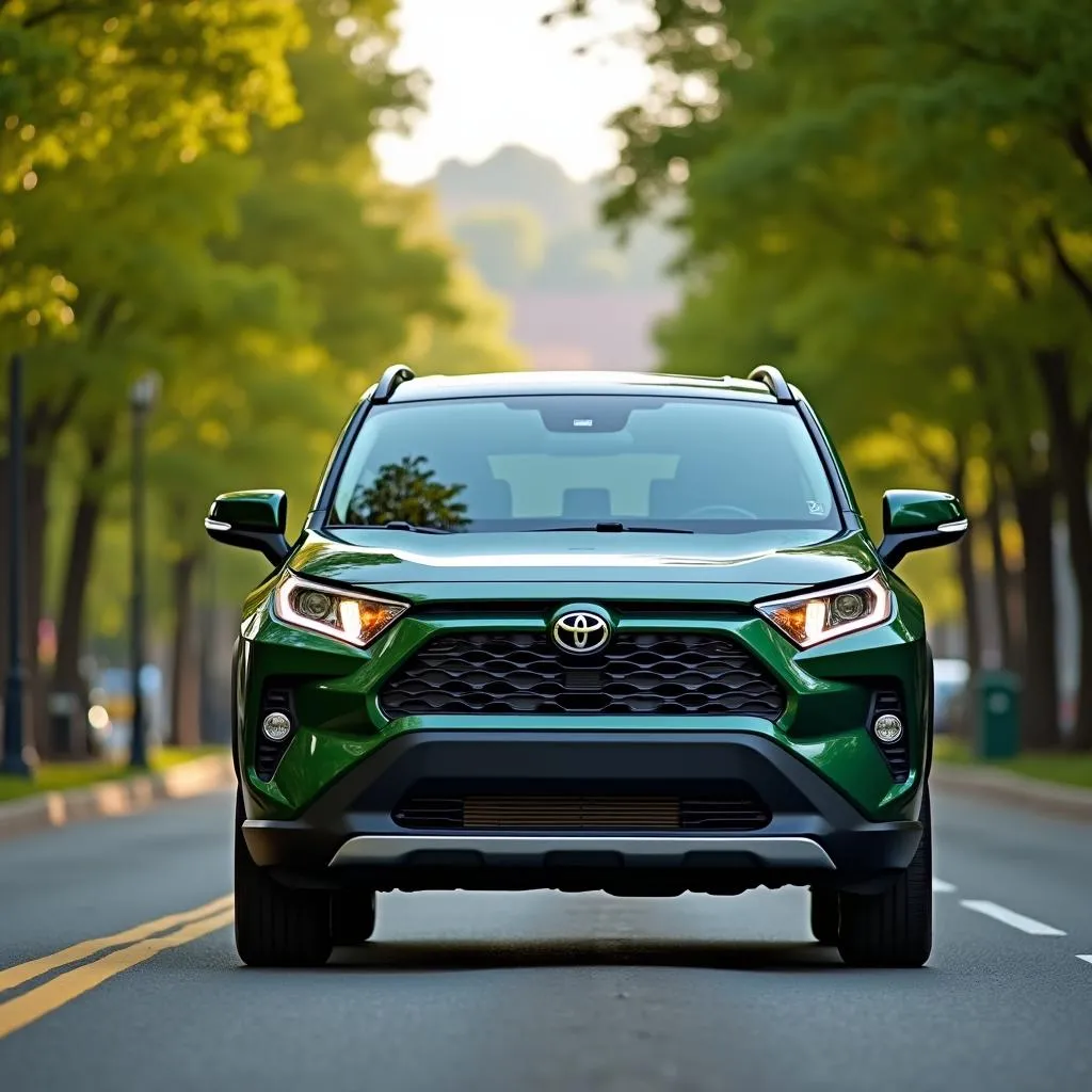 Toyota RAV4 Plug-in Hybrid fährt auf einer Straße mit Bäumen