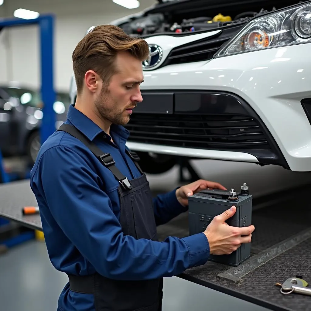 Batteriewechsel beim Toyota Yaris Hybrid in einer Werkstatt