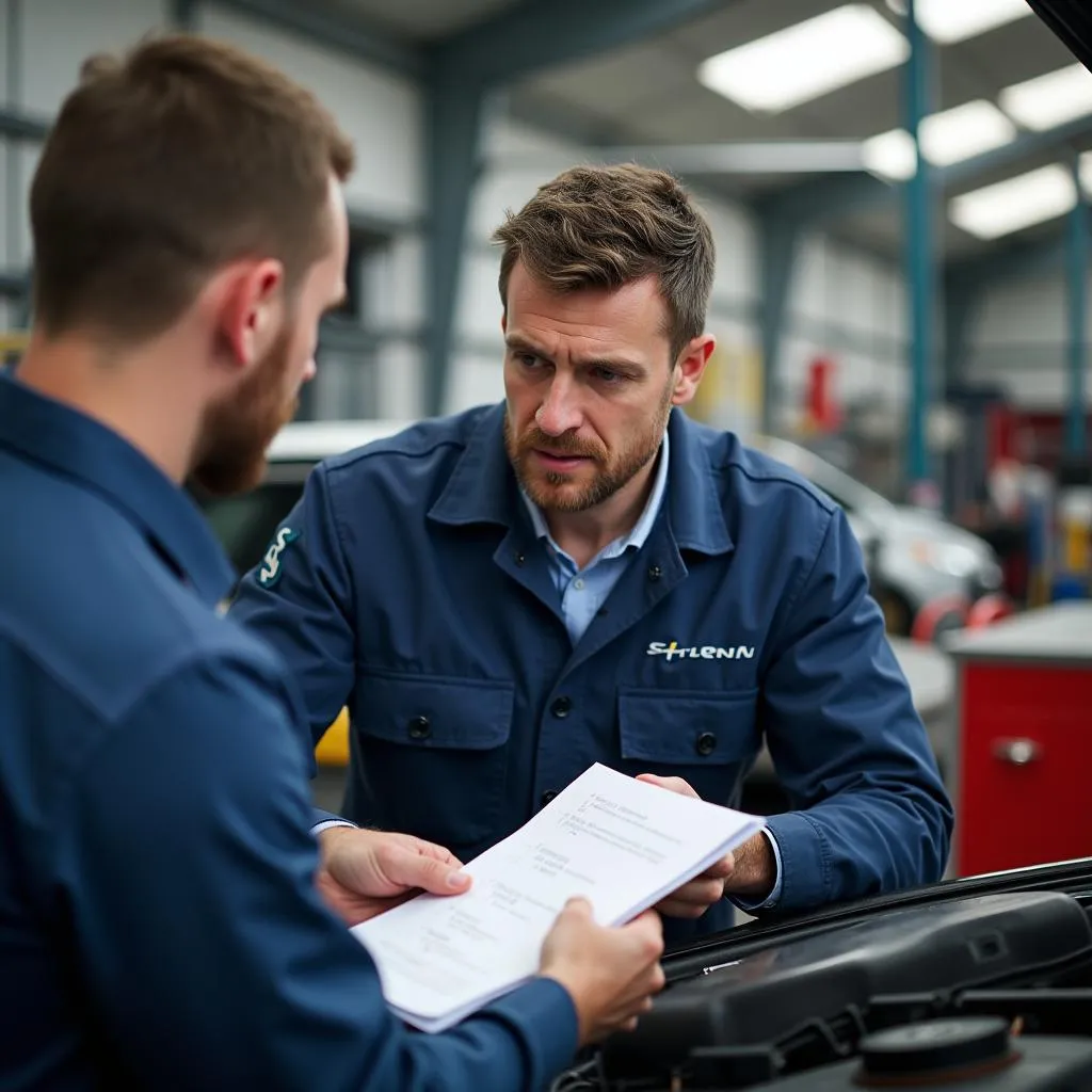 Mechaniker erklärt Kunden die Reparatur am Auto