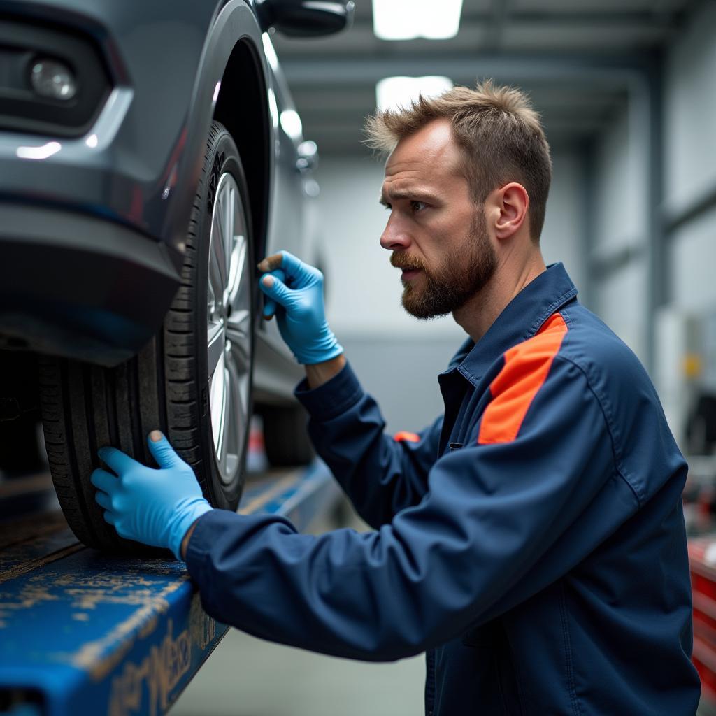 TÜV-Prüfung einer Hebebühne in einer Autowerkstatt