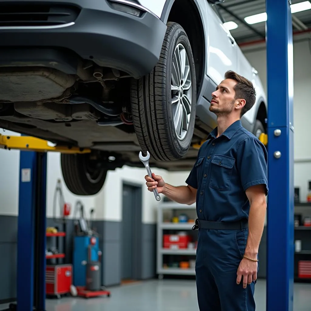 Autowerkstatt mit Mechaniker und Fahrzeug auf der Hebebühne