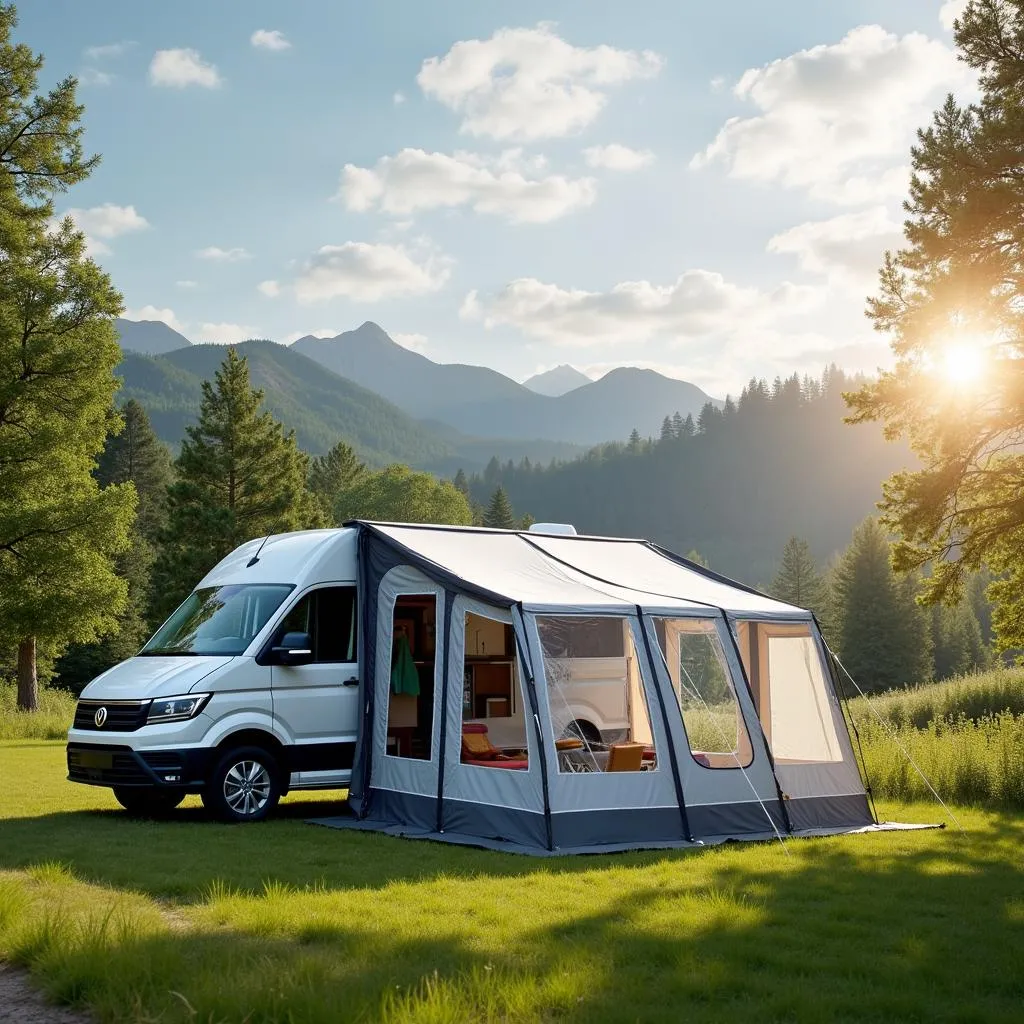 Ein Vaude Busvorzelt auf einem Campingplatz