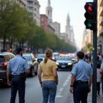 Verkehrsteilnehmer warten an einer Polizei Ampel