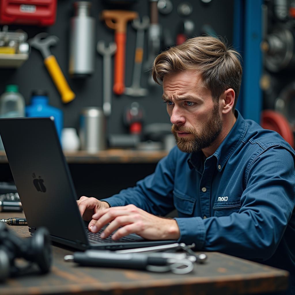 Verwirrter Mechaniker am Laptop