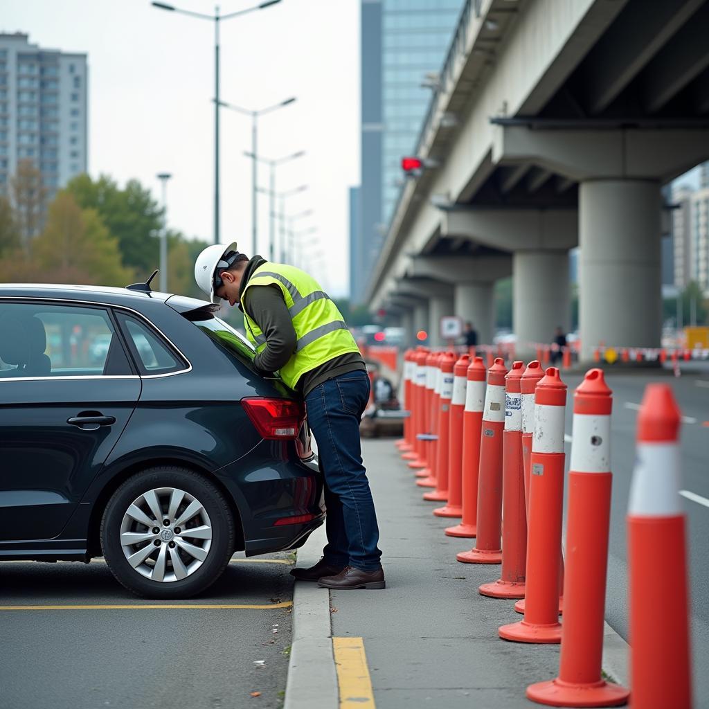 Kfz-Mechaniker arbeitet auf einer VMZ-gesicherten Baustelle