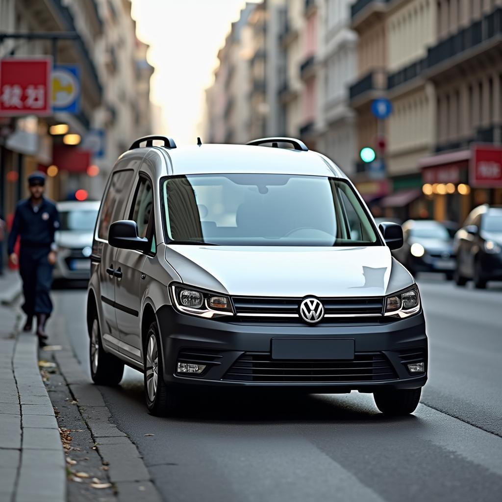 VW Caddy Silber in der Stadt