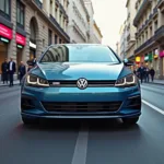 VW Golf 8 in Uranograu fährt durch eine belebte Stadt