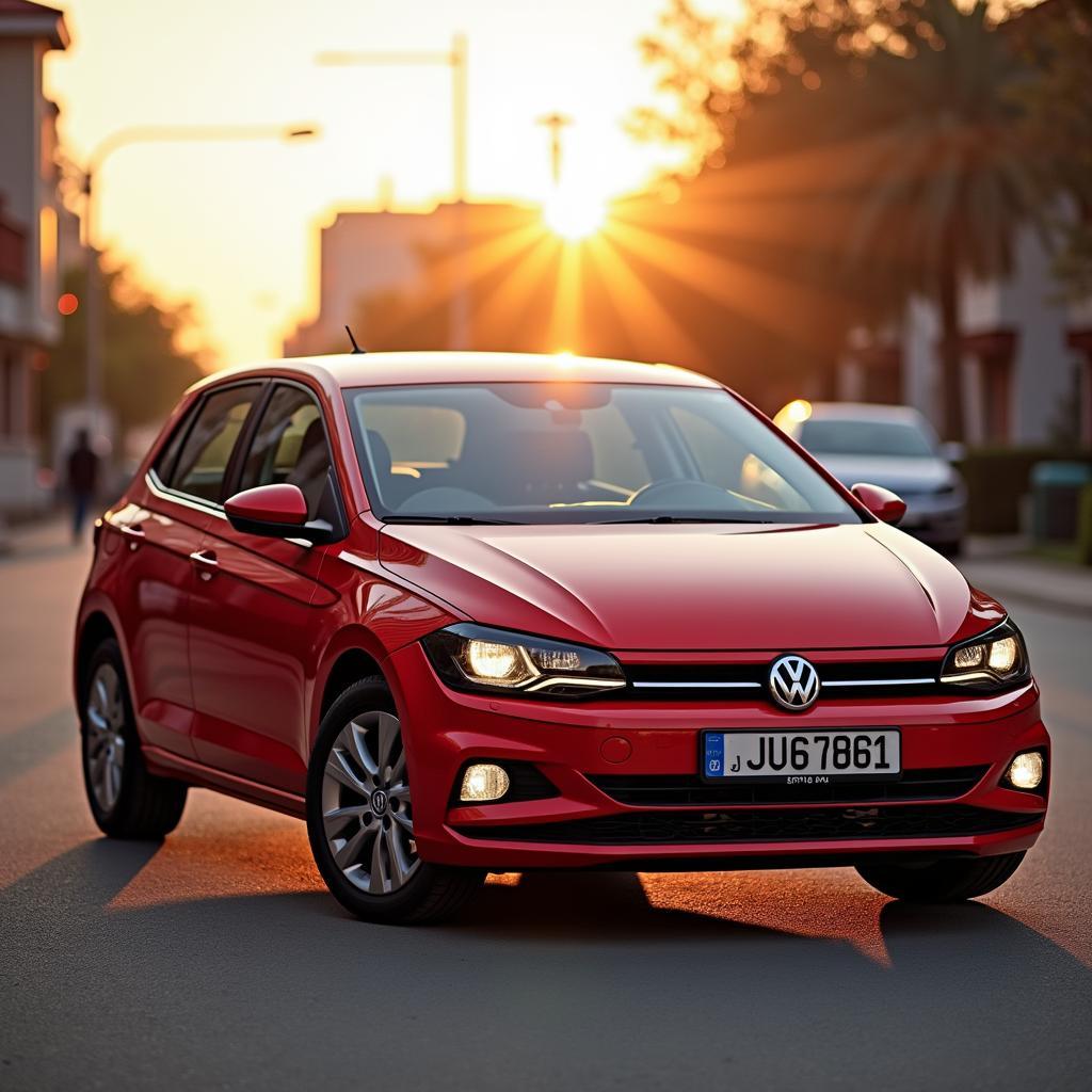 VW Polo 6N in Rot bei Sonnenuntergang