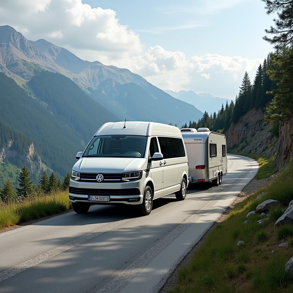 VW T4 mit Anhänger auf Bergstraße