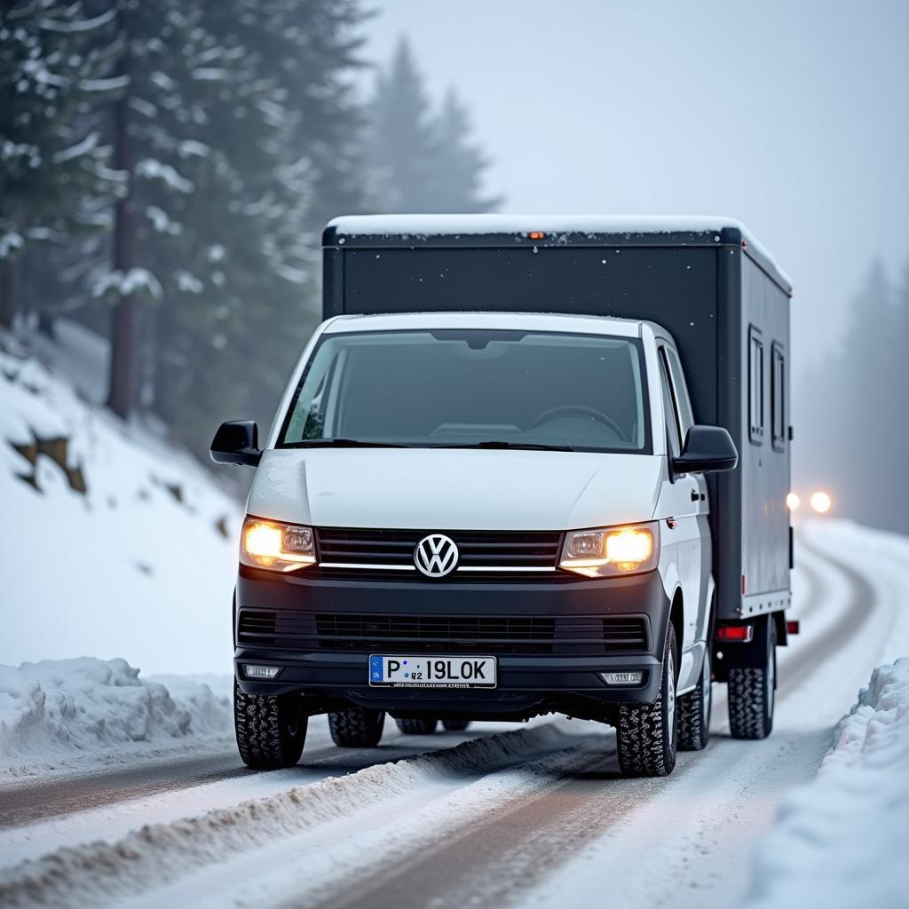 VW T6.1 Transporter 4Motion met aanhanger in de sneeuw
