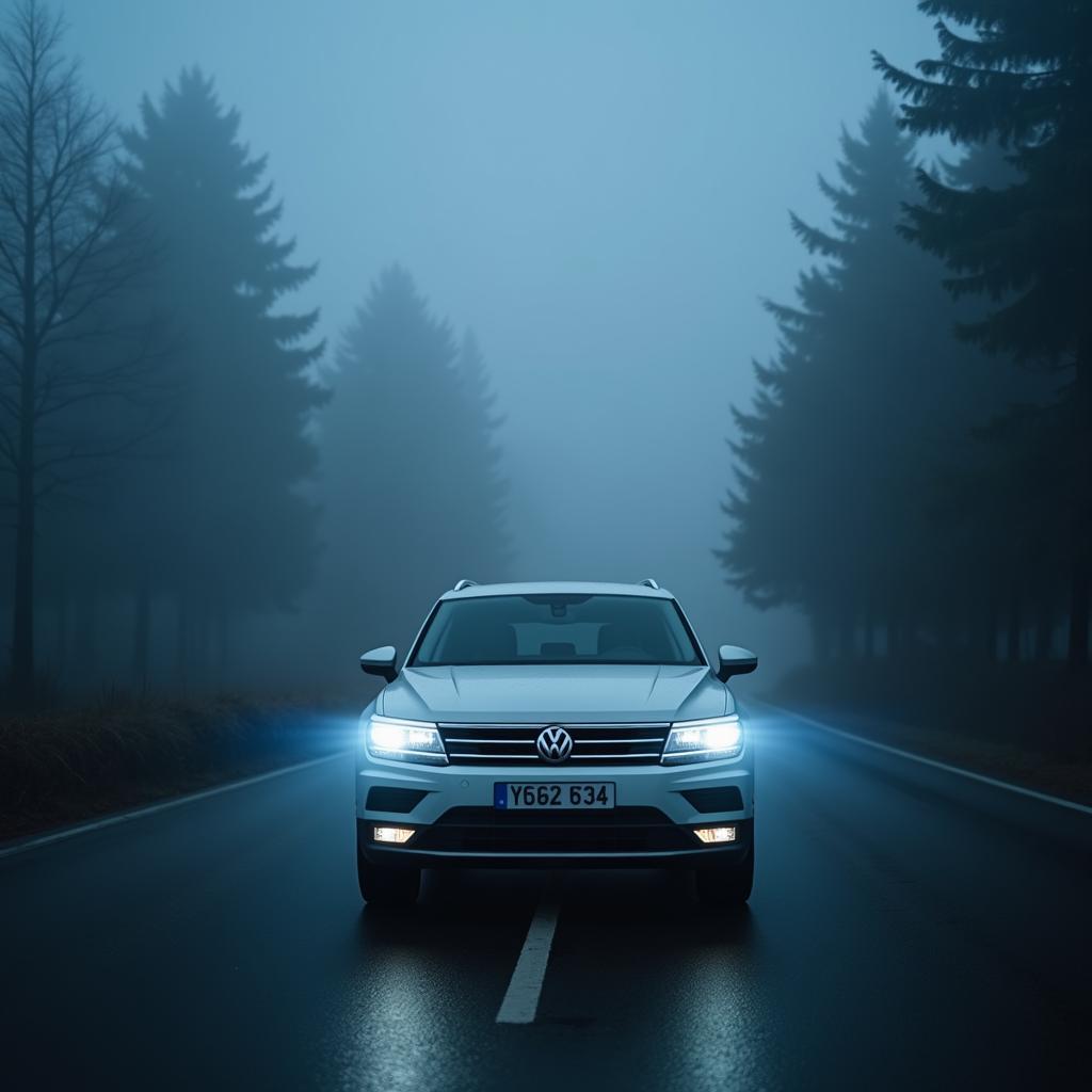 VW Tiguan fährt sicher durch Nebel mit eingeschalteten Nebelscheinwerfern