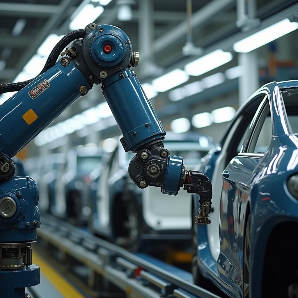 Robôs trabalhando com precisão na linha de montagem da VW