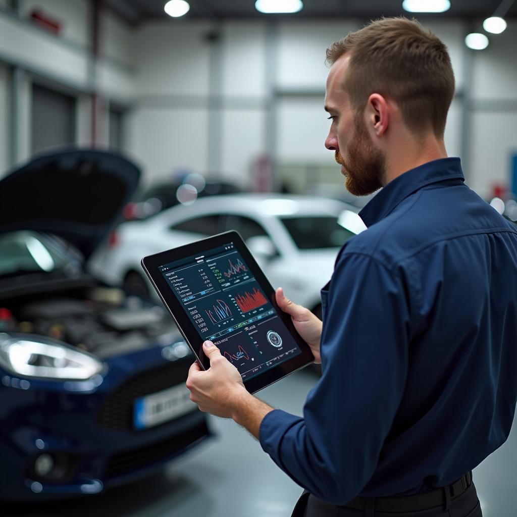 Werkstatt der Zukunft: Techniker analysiert Fahrzeugdaten.