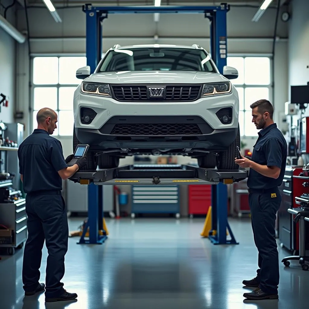 Werkstatt mit Auto auf Hebebühne