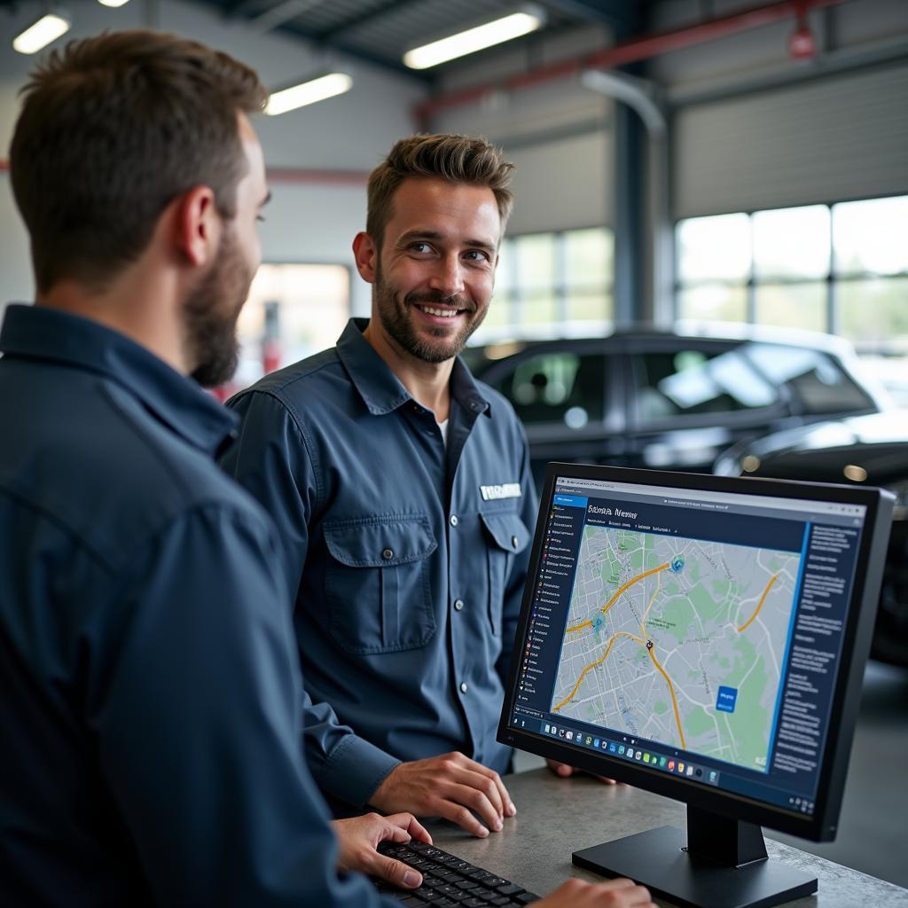 Garagemedewerker adviseert klant over GPS trackers.