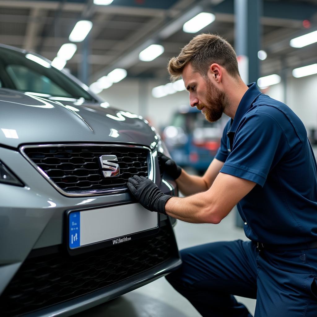 Werkstattmitarbeiter tauscht Kühlergrill am Seat Leon 5F