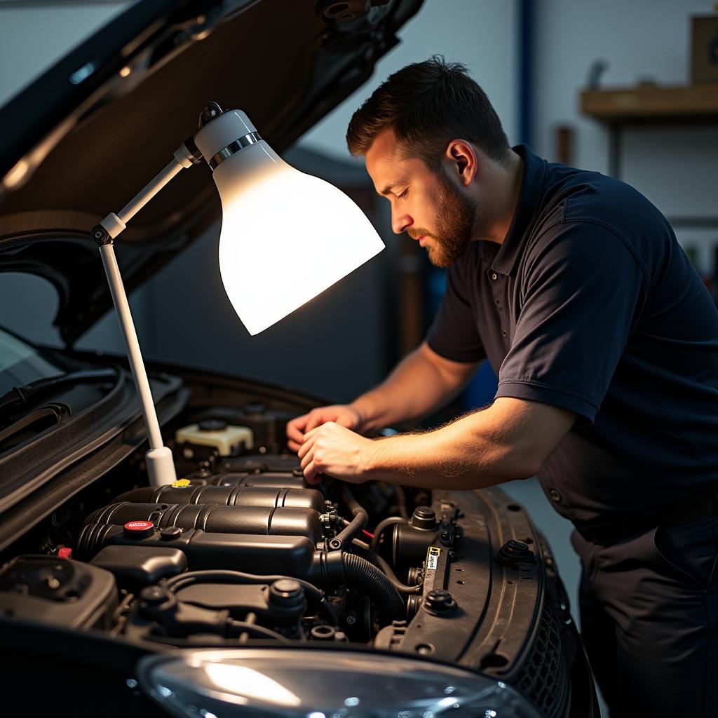 Autoreparatur mit Zettellampe