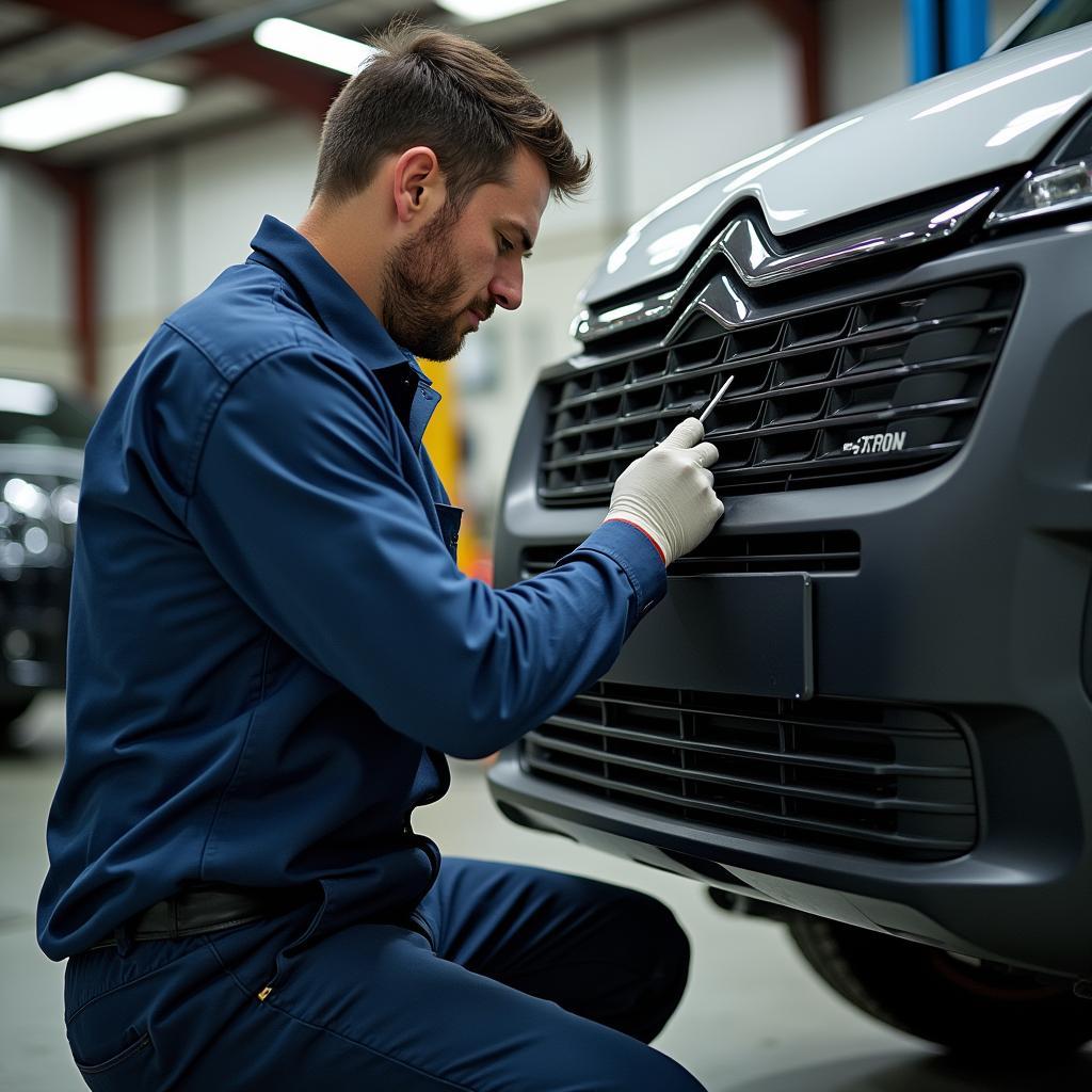 Mechaniker arbeitet an einem Citroen Fahrzeug in einer Werkstatt