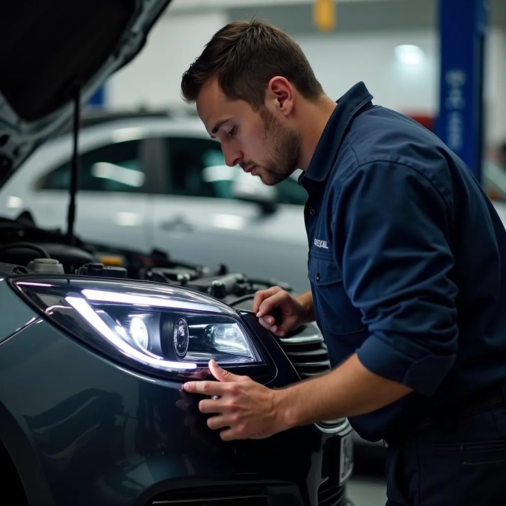 Mechaniker repariert einen Opel Insignia Xenon-Scheinwerfer