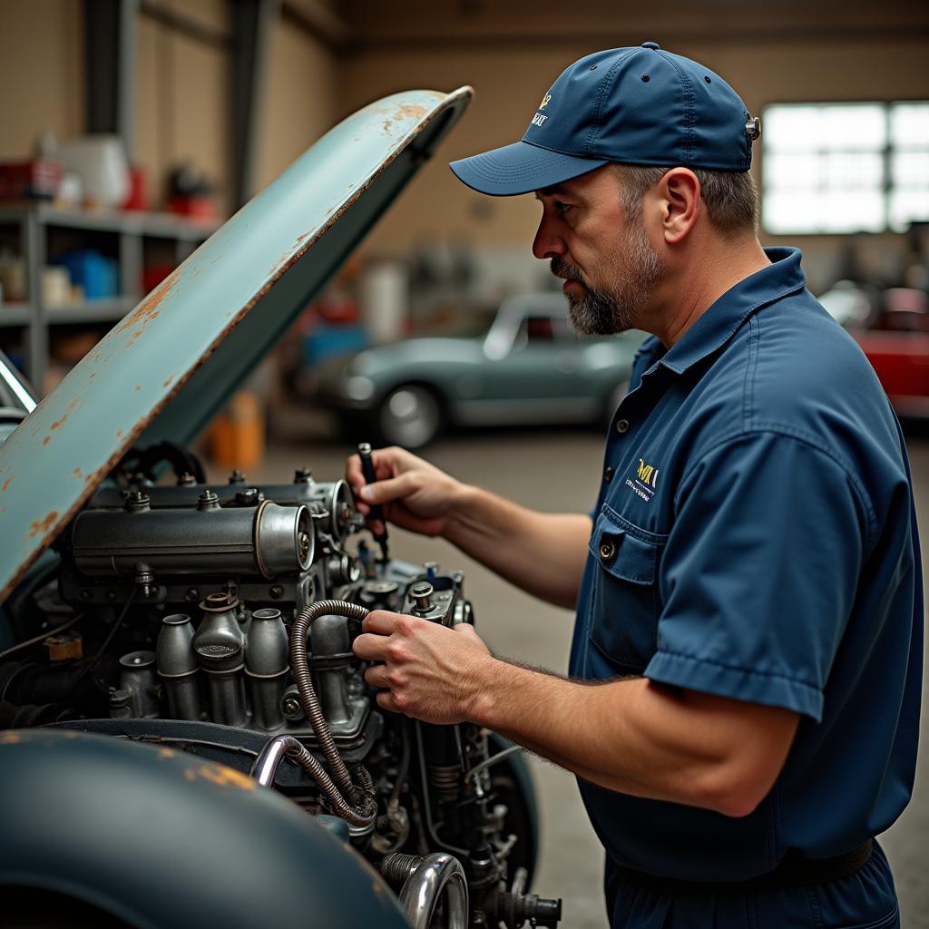 Restauratie van een klassieke compacte auto in een werkplaats