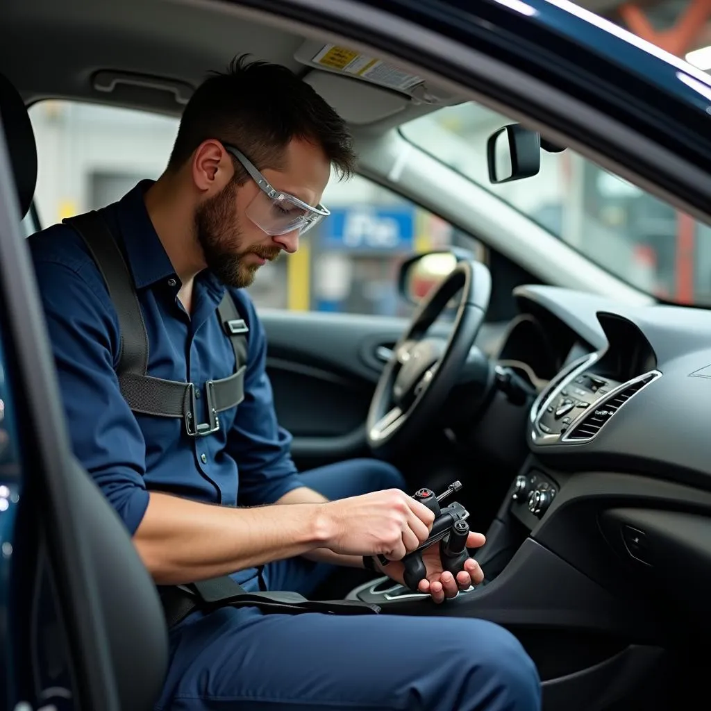 Mechaniker repariert Sicherheitsgurt in einer Werkstatt