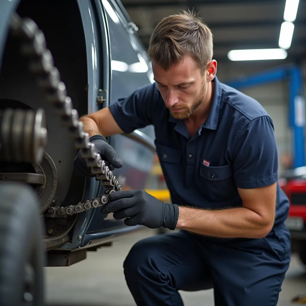 Mechaniker wechselt die Steuerkette an einem VW Polo 9N 1.2