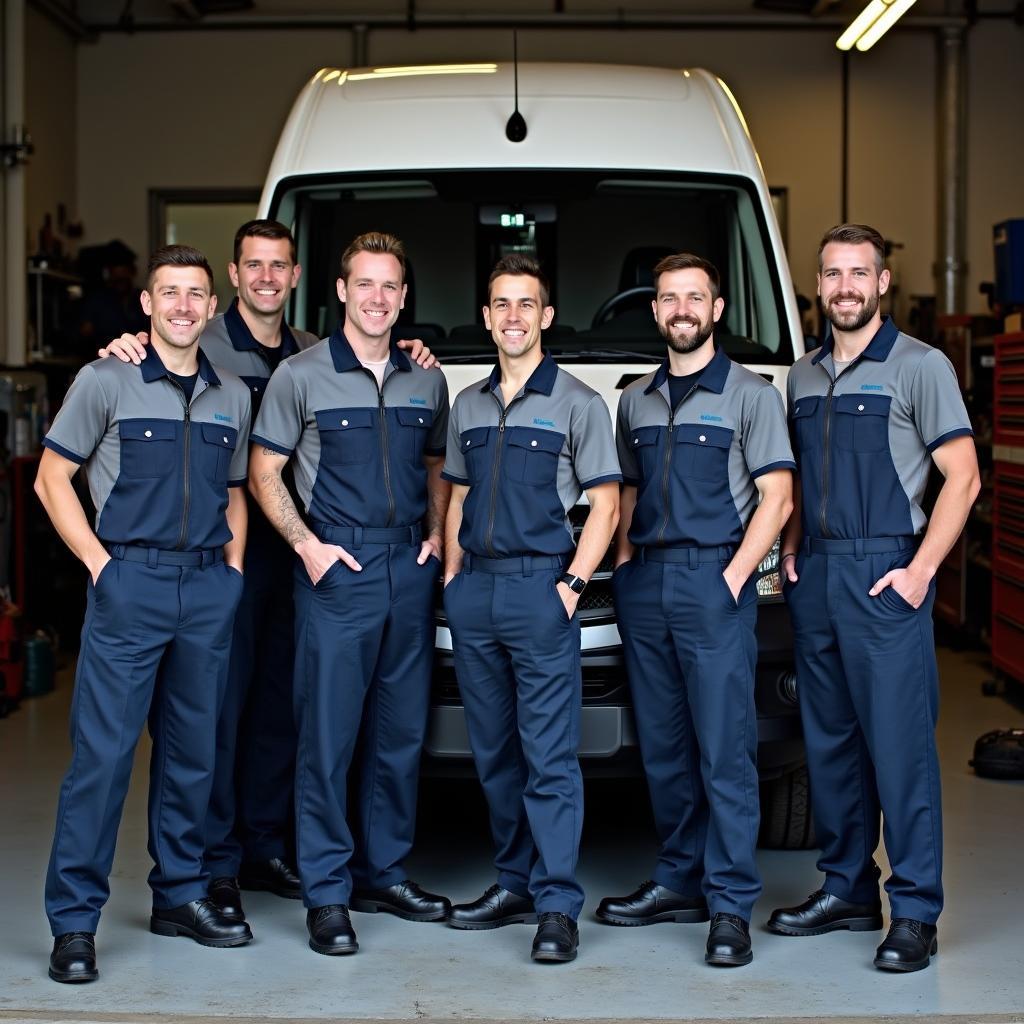 Equipe de mecânicos em frente a um veículo de 3,5t