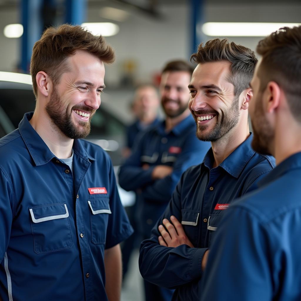 Team in einer Werkstatt begrüßt sich mit "Grüazi"