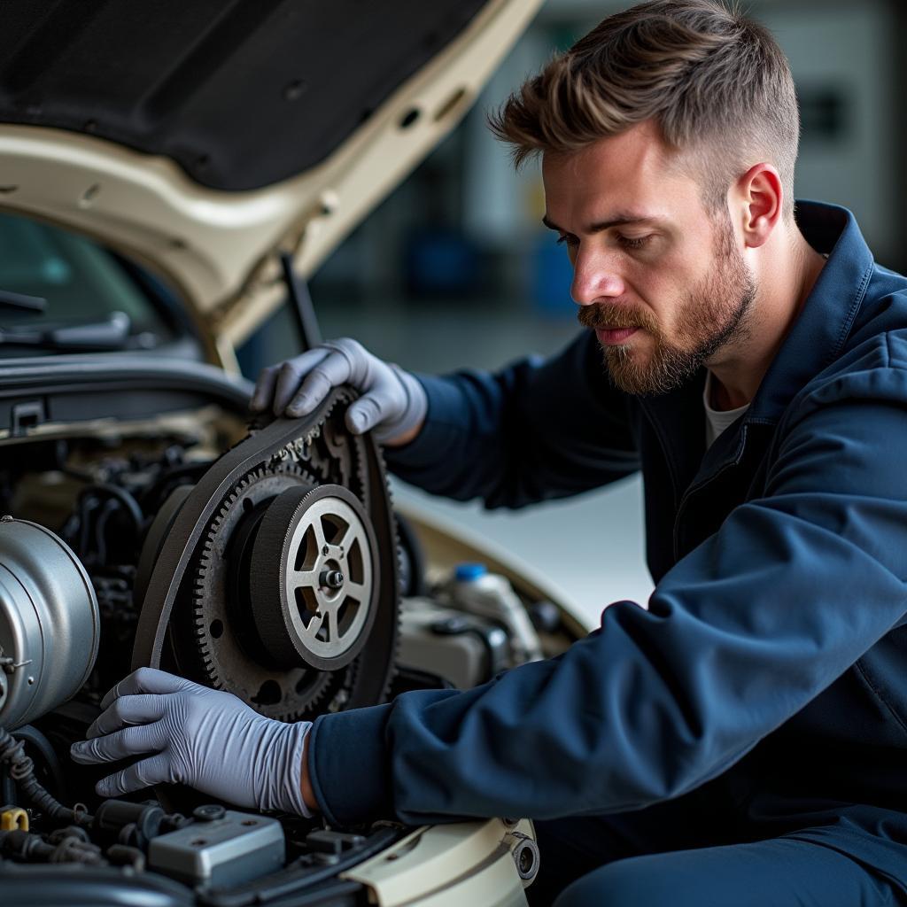 Mechanic replacing a timing belt in a workshop