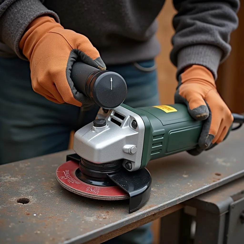 Testing the speed of an angle grinder on a workpiece