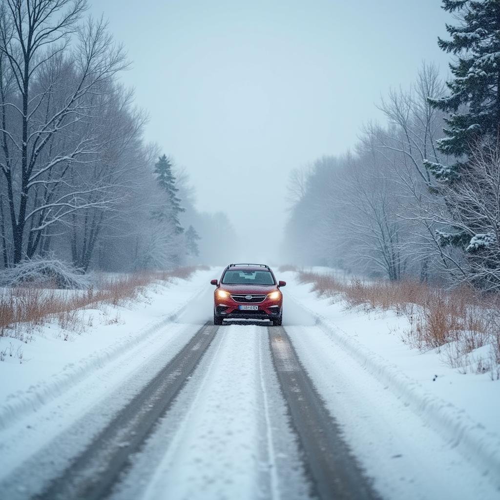 Auto auf verschneiter Landstraße im Winter