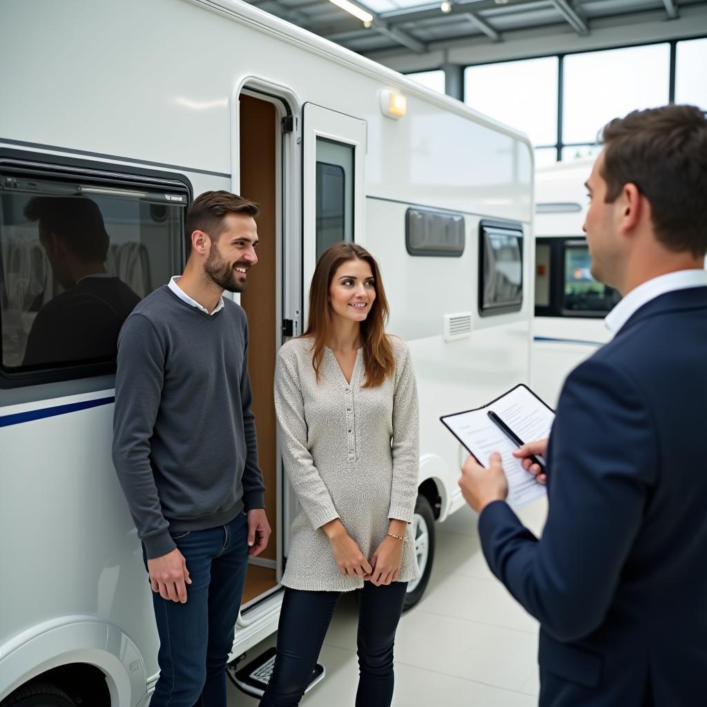 Een stel bekijkt een compacte caravan met achterdeur bij een dealer en krijgt advies van een verkoper.