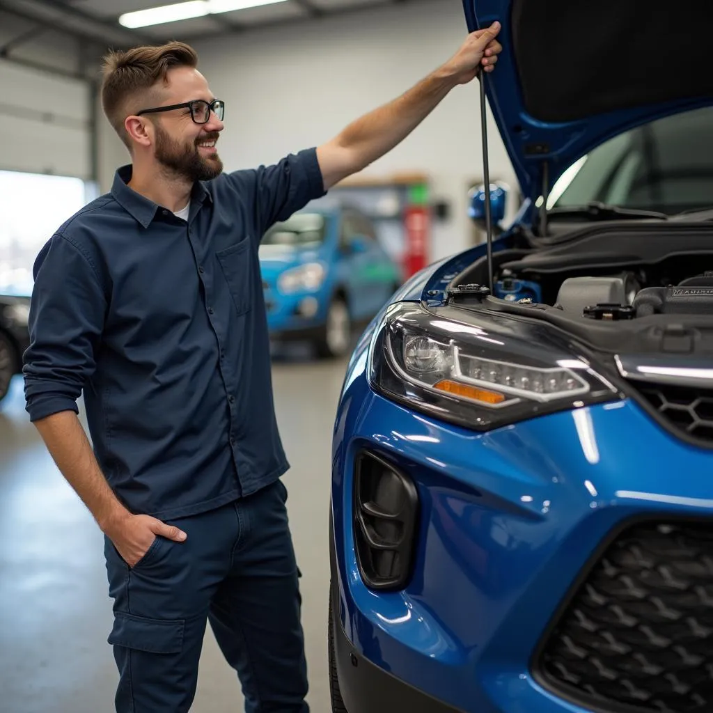 Ein zufriedener Kunde holt sein repariertes Auto in der Werkstatt ab.