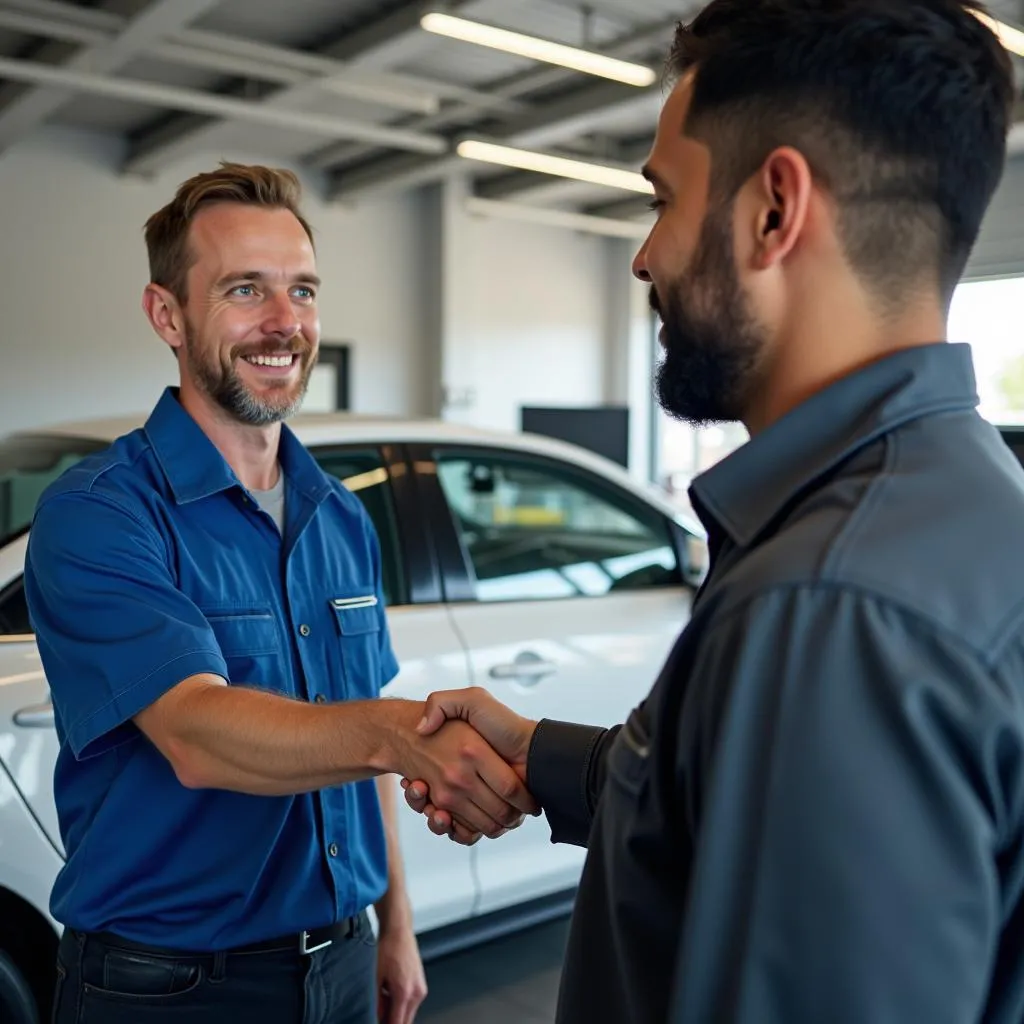 Zufriedener Kunde holt sein Auto von der Werkstatt ab