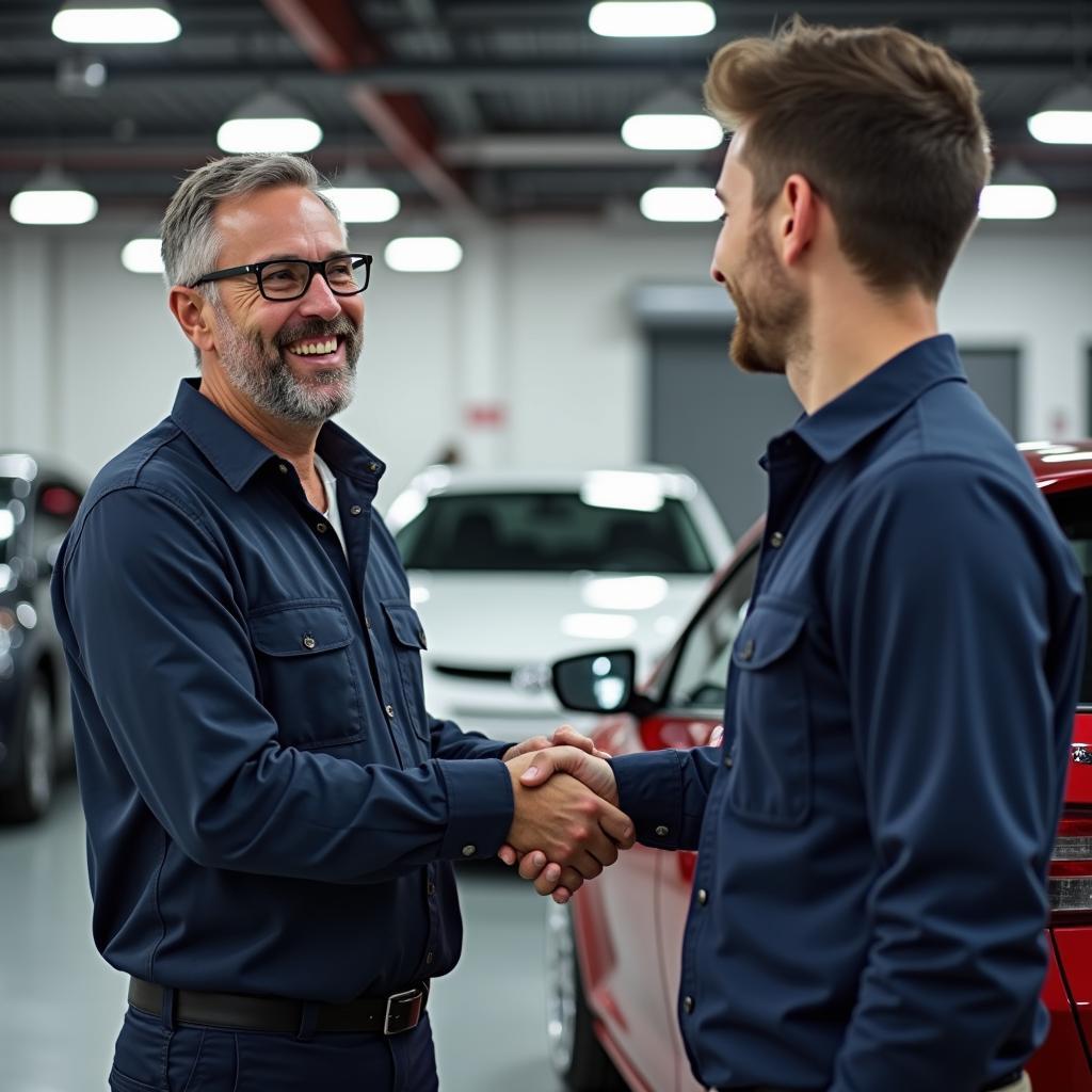 Zufriedener Kunde holt Auto ab