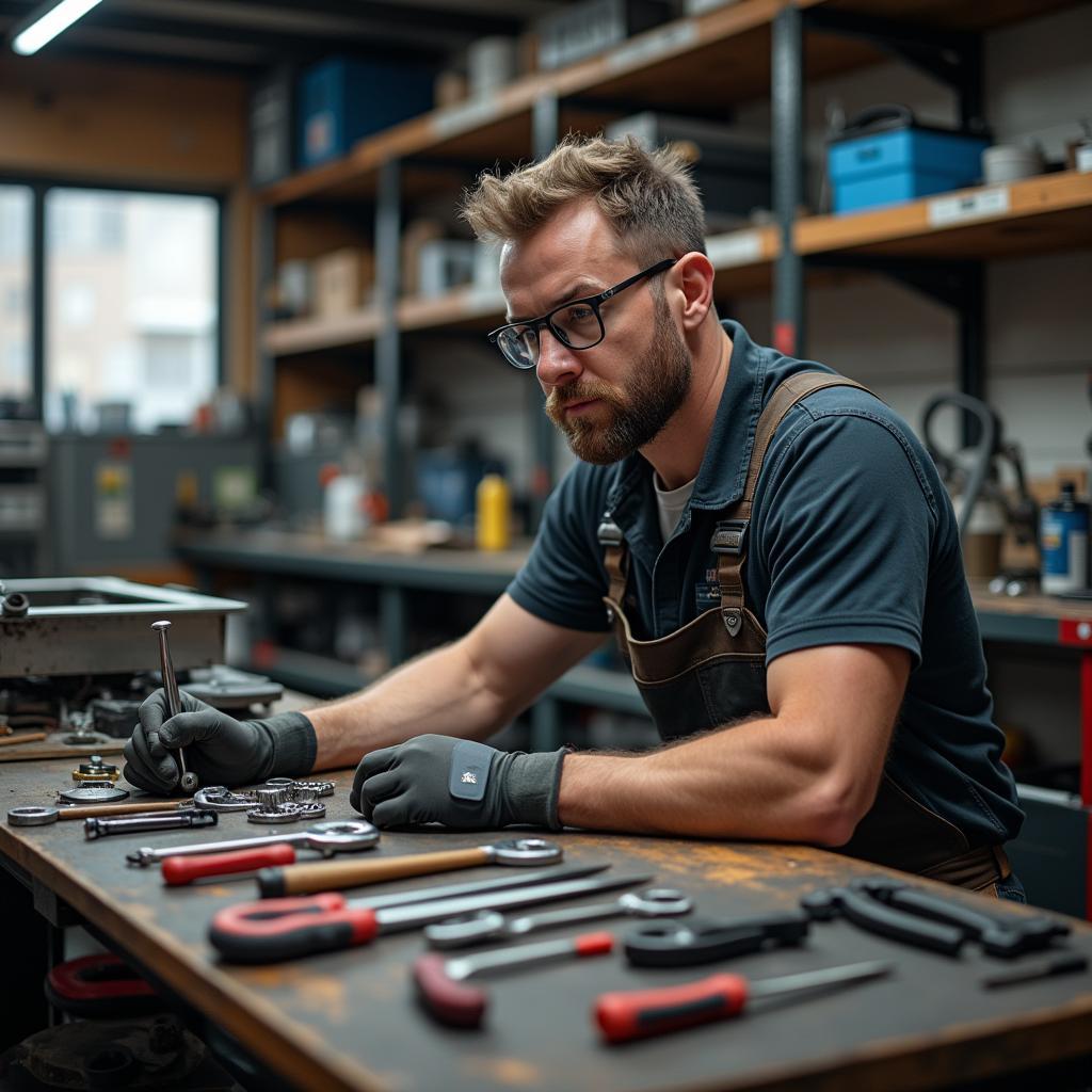 Ein Mechaniker beginnt seinen Tag in der Werkstatt am 1. November.