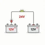 12V Batterien in Reihe geschaltet: Korrekte Verbindung der Plus- und Minuspole für erhöhte Spannung.