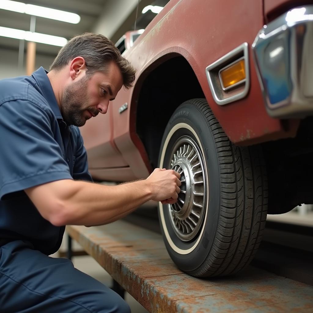 Überprüfung auf Rostschäden beim 72er Ford LTD: Radläufe und Unterboden besonders anfällig.