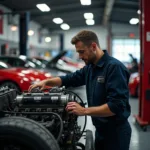 Alfa Romeo Werkstatt in Essen: Ein Mechaniker arbeitet an einem Alfa Romeo Motor in einer modernen Werkstatt in Essen.