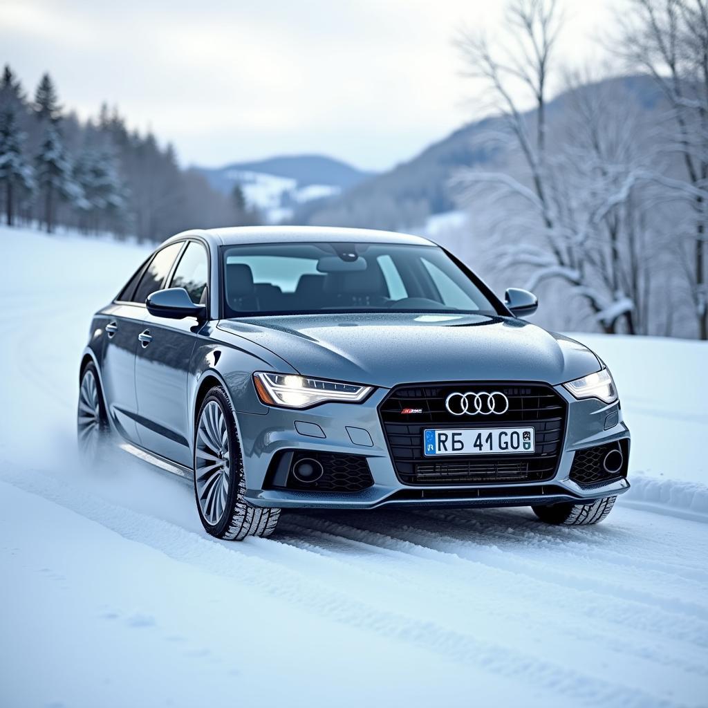 Audi A6 mit Winterkompletträdern auf verschneiter Straße