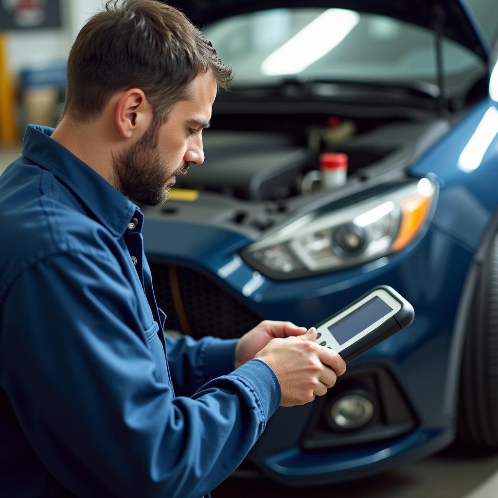 Autodiagnose met moderne technologie: Een monteur gebruikt een diagnoseapparaat om een auto te controleren.