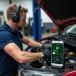 Auto-Mechaniker nutzt Spotify in der Werkstatt